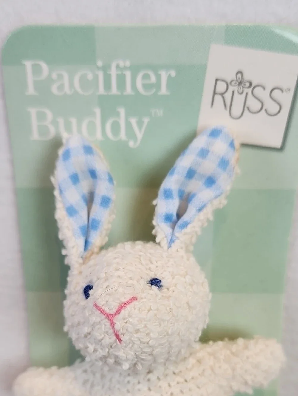 Russ Cream Bunny Pacifier Buddy with Blue Accents
